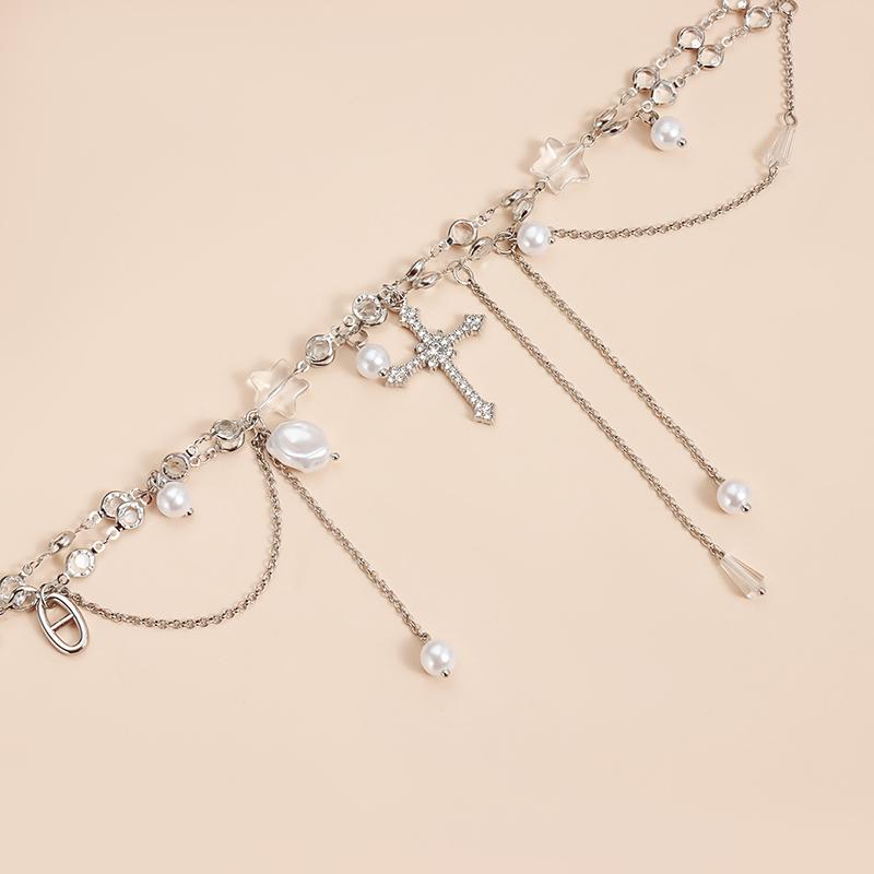 Fashion Shiny Crystal Pearl Cross Choker Necklaces for Women Creative Temperament Unique Charm Necklace Party Wedding Jewelry