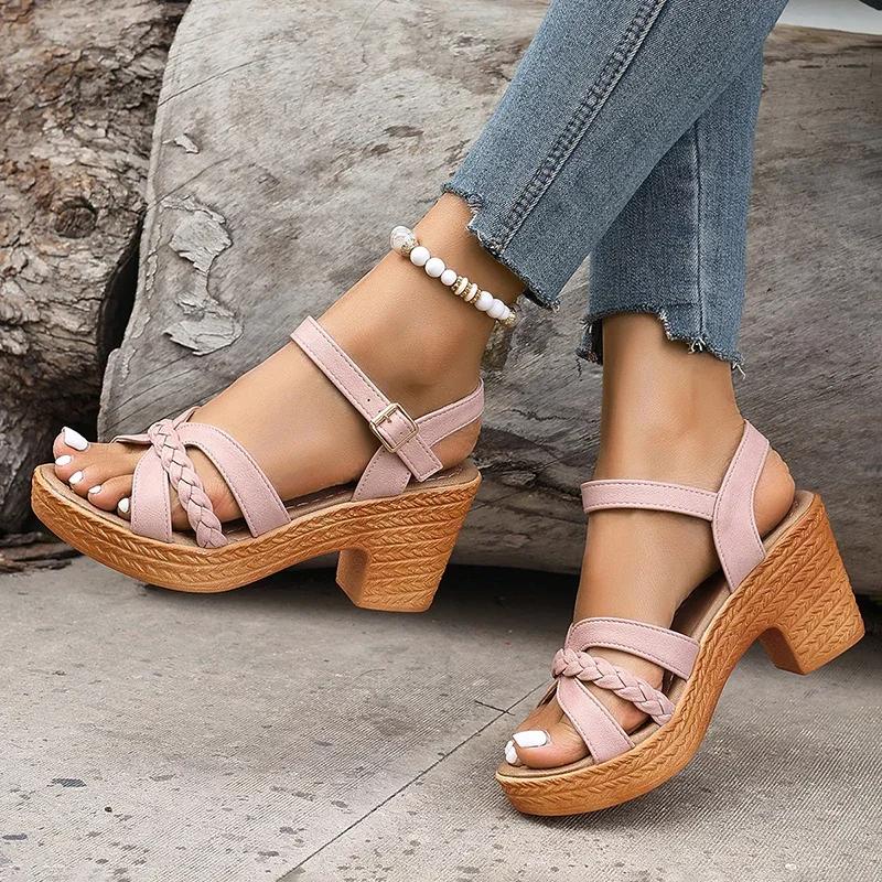 Fashion 2025 Summer High Heels Ankle Strap Sandals Women Platform Comfort Thick Heeled Gladiator Shoes Woman Plus Size Sandalias Mujer