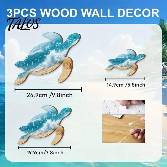 No Drill Wall Art 3Pcs Wooden Turtle Art, Ocean Theme Hanging Ornaments for Bathroom Coastal Resort Living Room Bedroom, Beach Style Decorations with