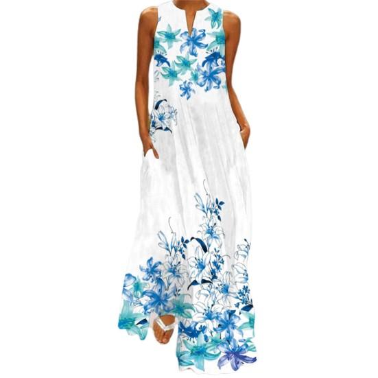

Lady Dress Floral Printing Comfortable to Wear Summer V-Neck Sleeveless Pocket Maxi Dress for Home L