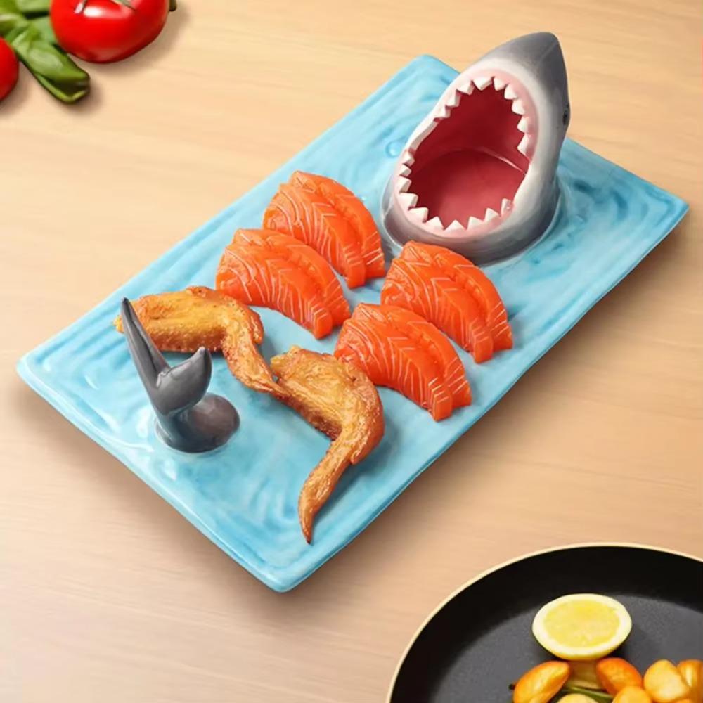 Japanese Style Sushi Serving Plate Independent Sauce Area Dumpling Plate Shark Ceramic Plate  Meal