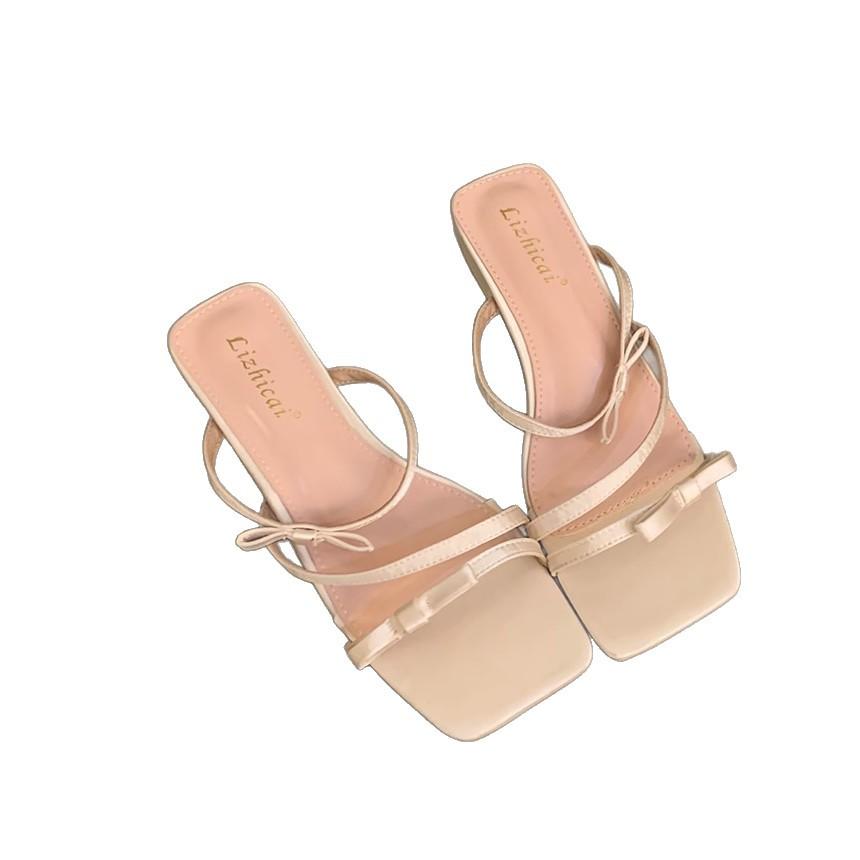 French Evening Breeze Bow High Heels Silver Sandals Female Summer Wear Thick Heels Cool Slippers with Skirt Fairy Shoes