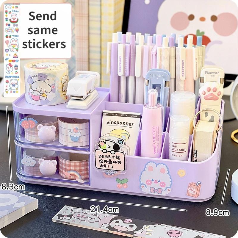 2024 New Desktop Storage Box Organizer Cute Bear Handle Drawer Type Desk Organizer Multi-grid Pen Holder with Kawaii Stickers