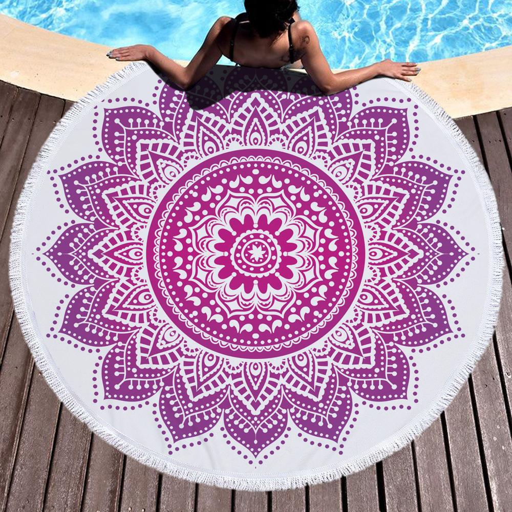 Gradient Geometric Mandala Round Beach Towel With Tassels Microfiber Water-Absorbent Bath Towel Laying Beach Yoga Mat 150Cm