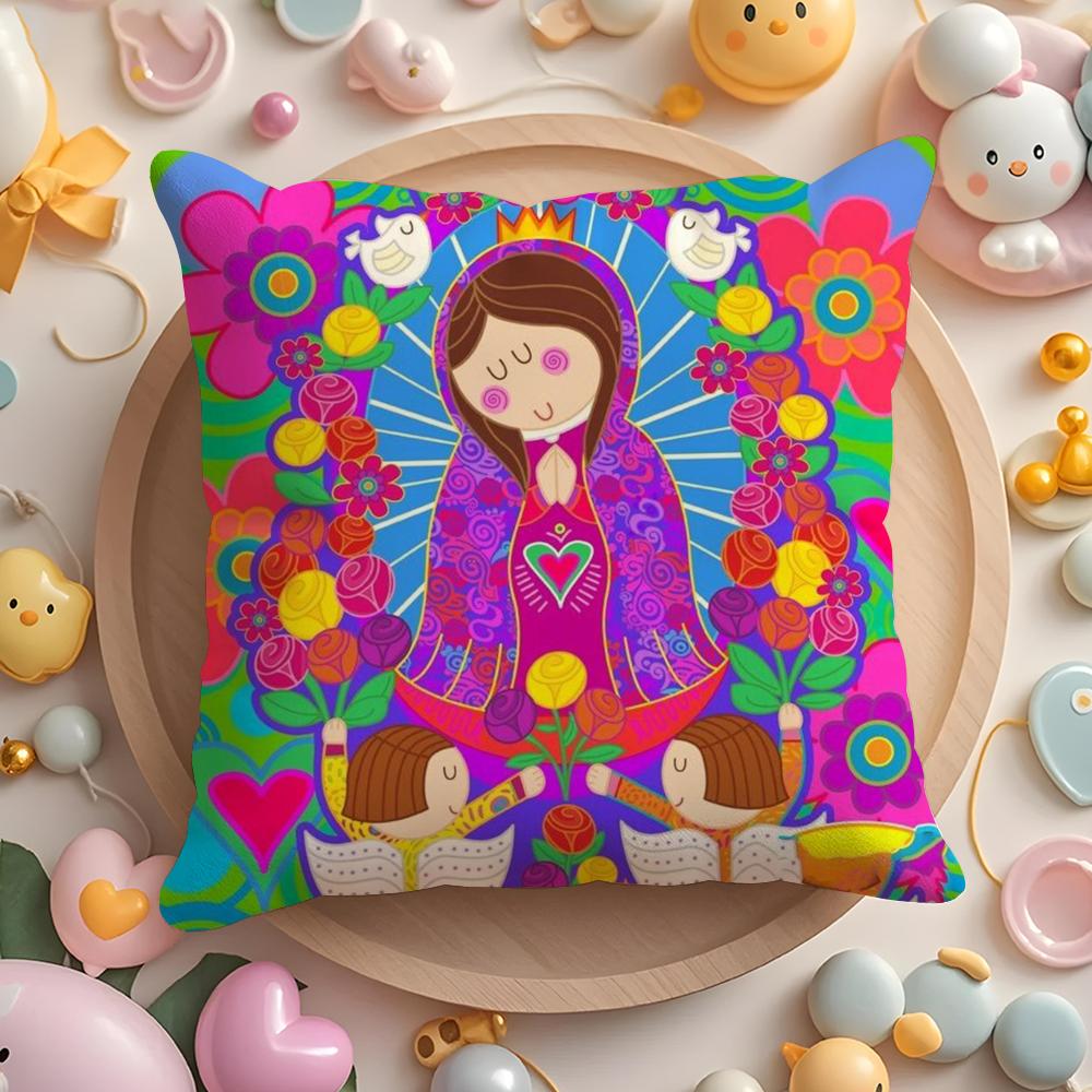 Cartoon Virgin Mary Art Cushion Cover Home & Car Multi-Scene Pillow Cover - Reversible, Soft & Durable for Daily Use