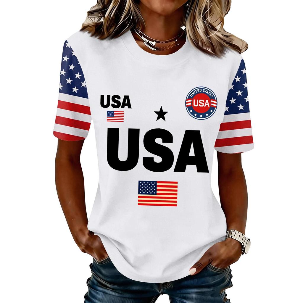 Blusa Feminina da Moda Casual de Manga Curta com Estampa e Gola Redonda