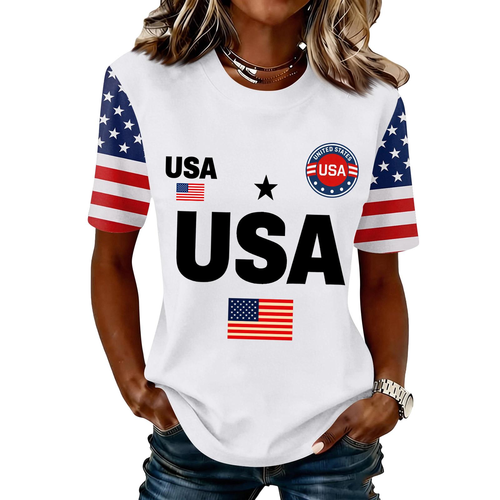 

Womens Spring Tops USA Print Summer Shirts for Women Casual Short Sleeve Womens Summer T Shirts Dressy Tops for Women XL білий