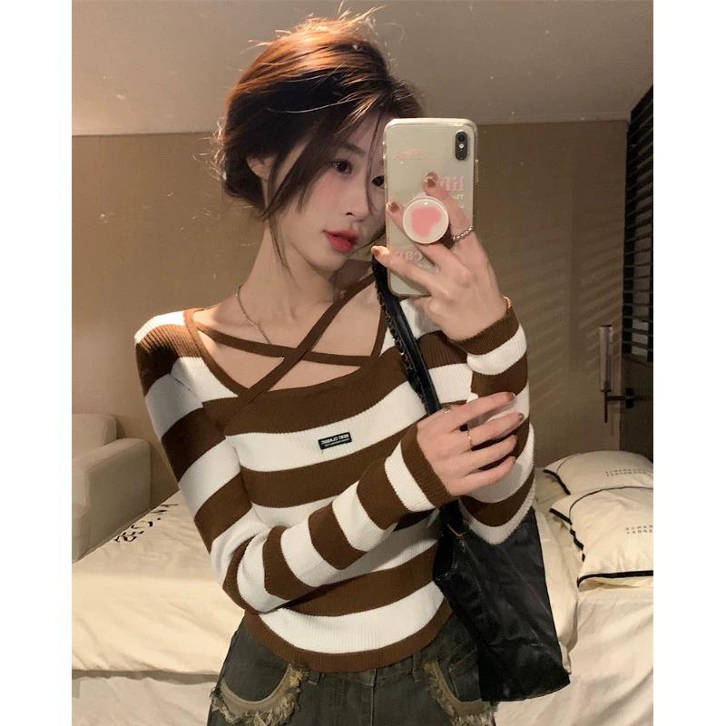 Herbst 2025 Damen Gestreiftes Strickpullover-Top