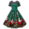 Retro Hepburn Style Christmas Print Lace Patchwork 50s Dress