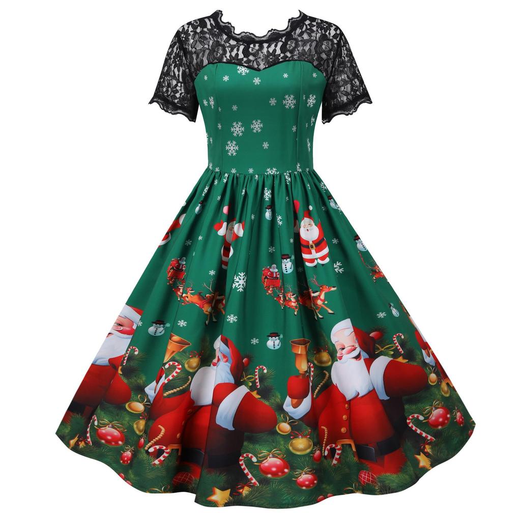 Retro Hepburn Style Christmas Print Lace Patchwork 50s Dress