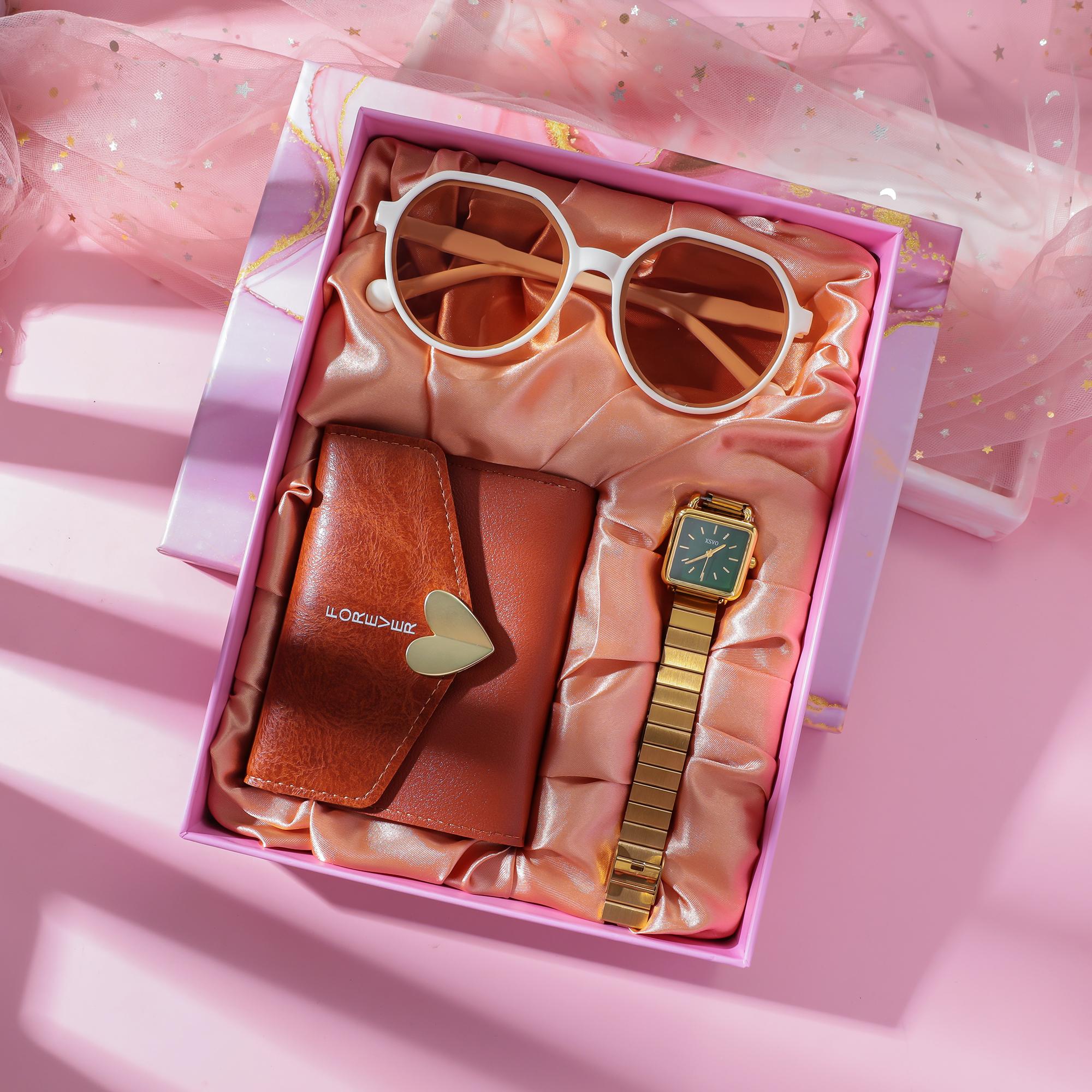 

Fashionable square women s watch; versatile quartz watch; high-end feel sunglasses wallet 3-piece gift box set. золотой