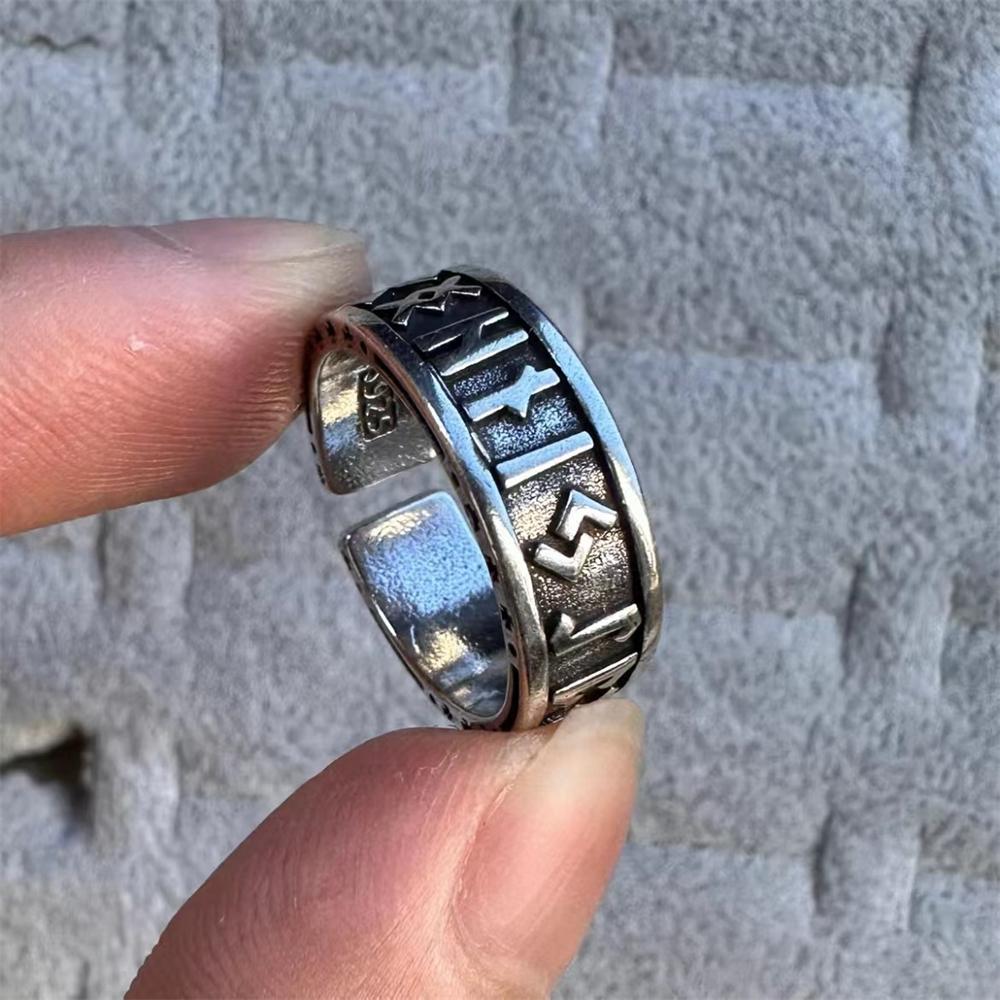 Retro Norse Futhark Vikings Runes Opening Ring Antique Silver Color Jewelry for Men Women Scandinavian Amulet