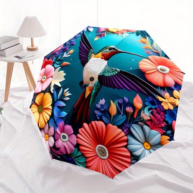 1pc Hummingbird Flowers Automatic Open/close, Heavy-Duty Iron Frame & 8-Rib Structure, Compact Folding Umbrella for Women/Men, All-Season Travel, Hall