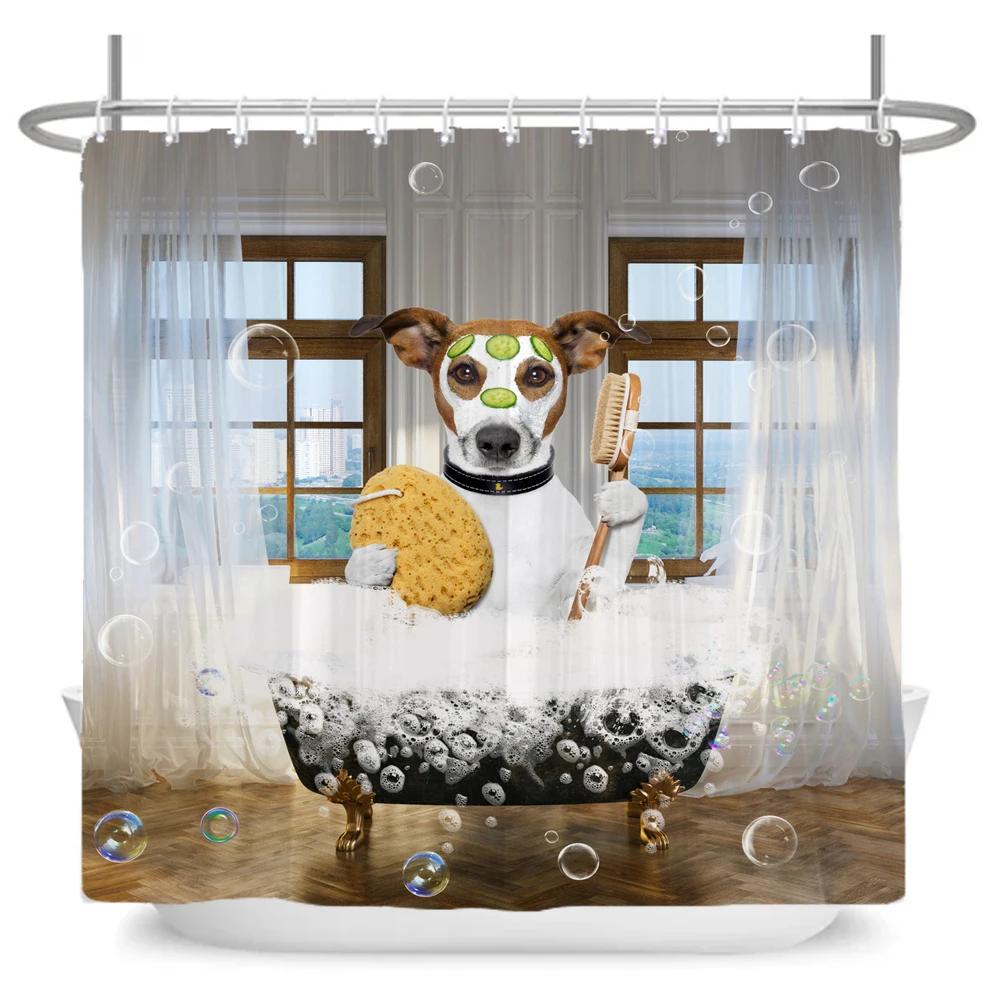 Funny Cute Cartoon Bathing Cat Dog Shower Curtains Bathroom Bathtub Decoration Waterproof Bath Curtain Home Decor with Hooks