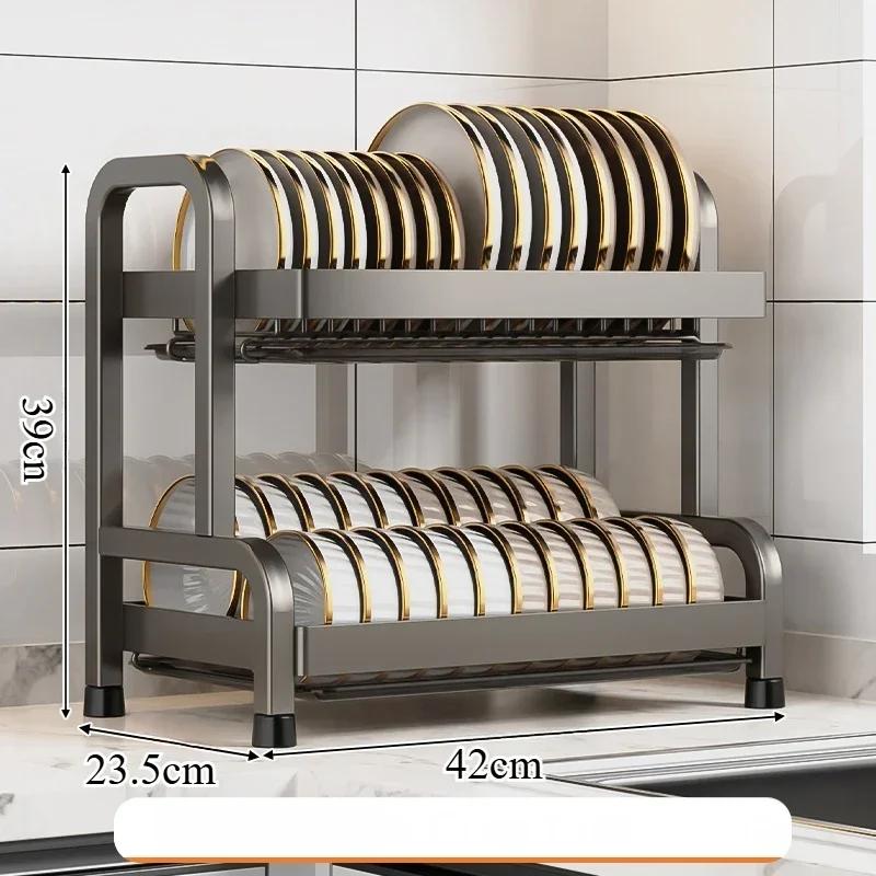 

Adjustable stainless steel dish rack with drainboard, multi-layer bowl and plates organizer, utensil holder for kitchen counter