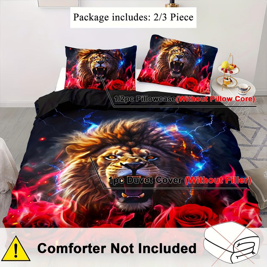 2/3pcs Duvet Cover Set, Soft and Comfortable, Black Lion Duvet Cover Extra Large, Lion Double Bedding Set for Boys Animal Gift