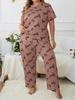 European & American Style Women's Plus Size Heart Print Pajama Set - Short Sleeve, Crew Neck, Long Pants