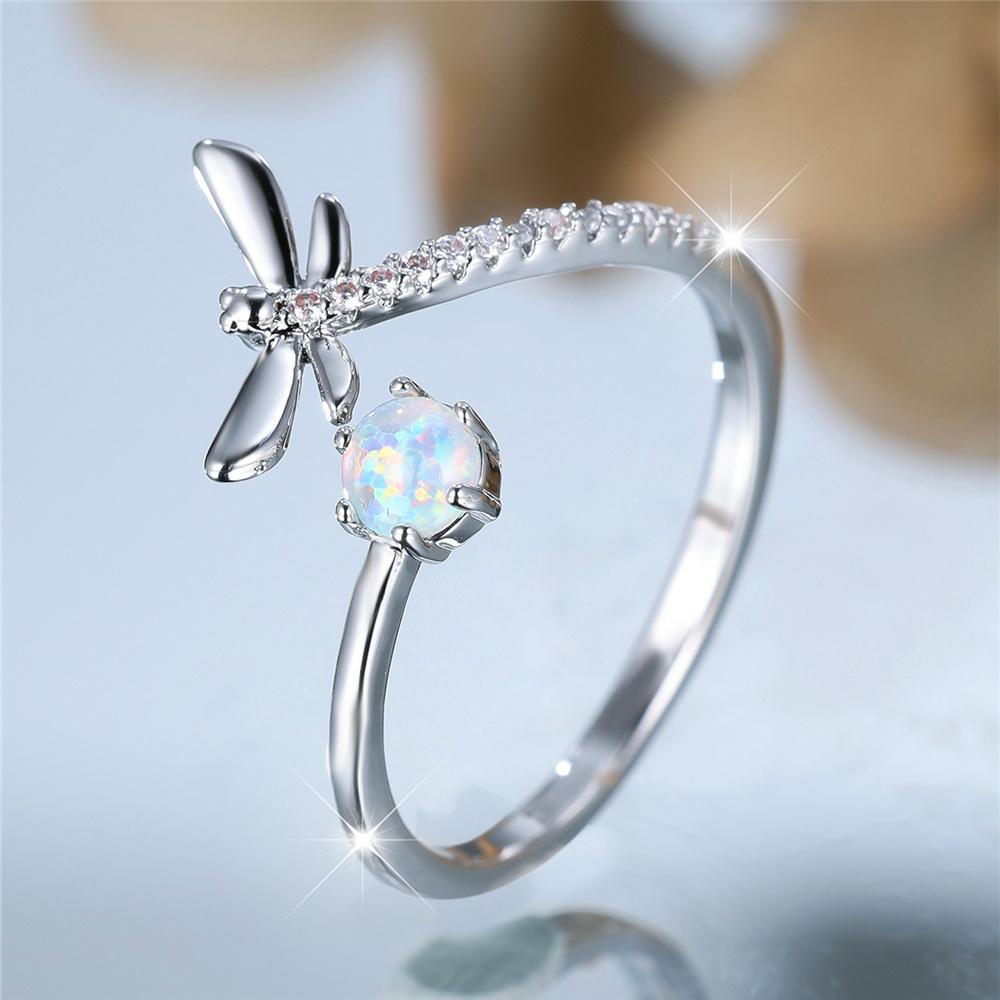 Charm Female White Fire Opal Round Stone Adjustable Open Ring Silver Color Cute Gift Wedding For Women