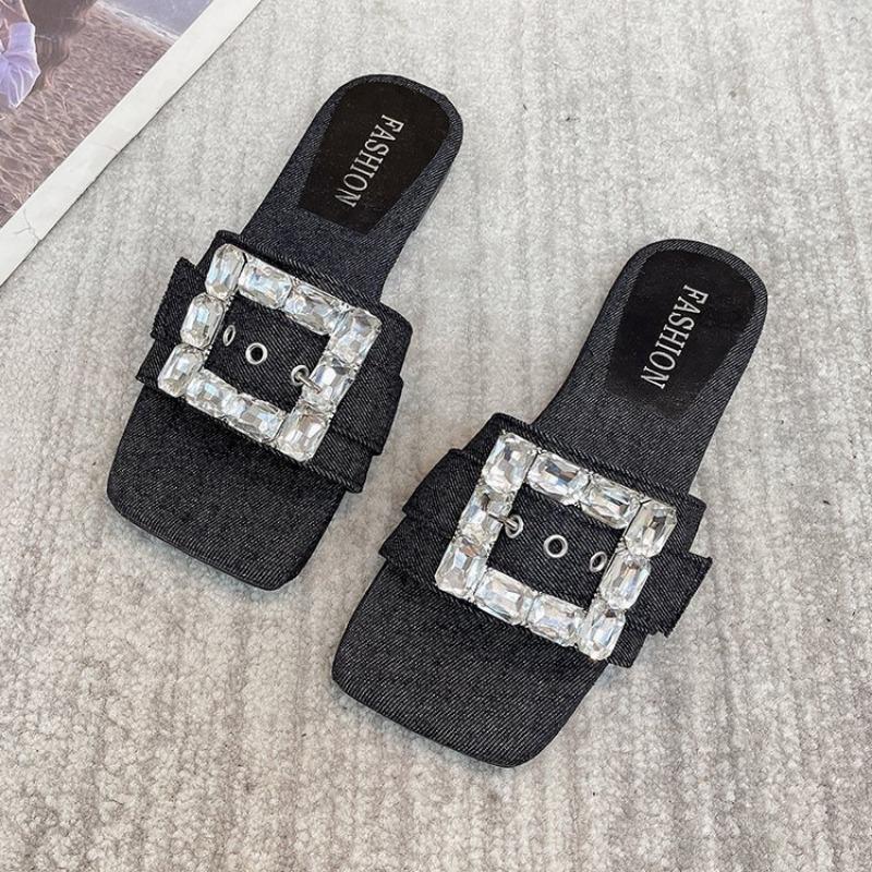 

Тапочки с квадратной ромбовидной плоской подошвой для женщин, удобные тапочки с плоской подошвой и полускольжением, удобные и легкие 40 чёрный