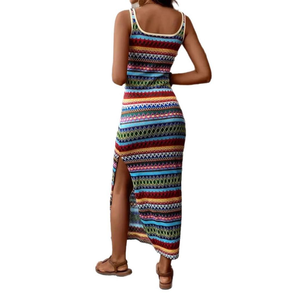 Women Casual Strap Square Collar Colorful Striped Printed High Split Package Hip One Piece Dress