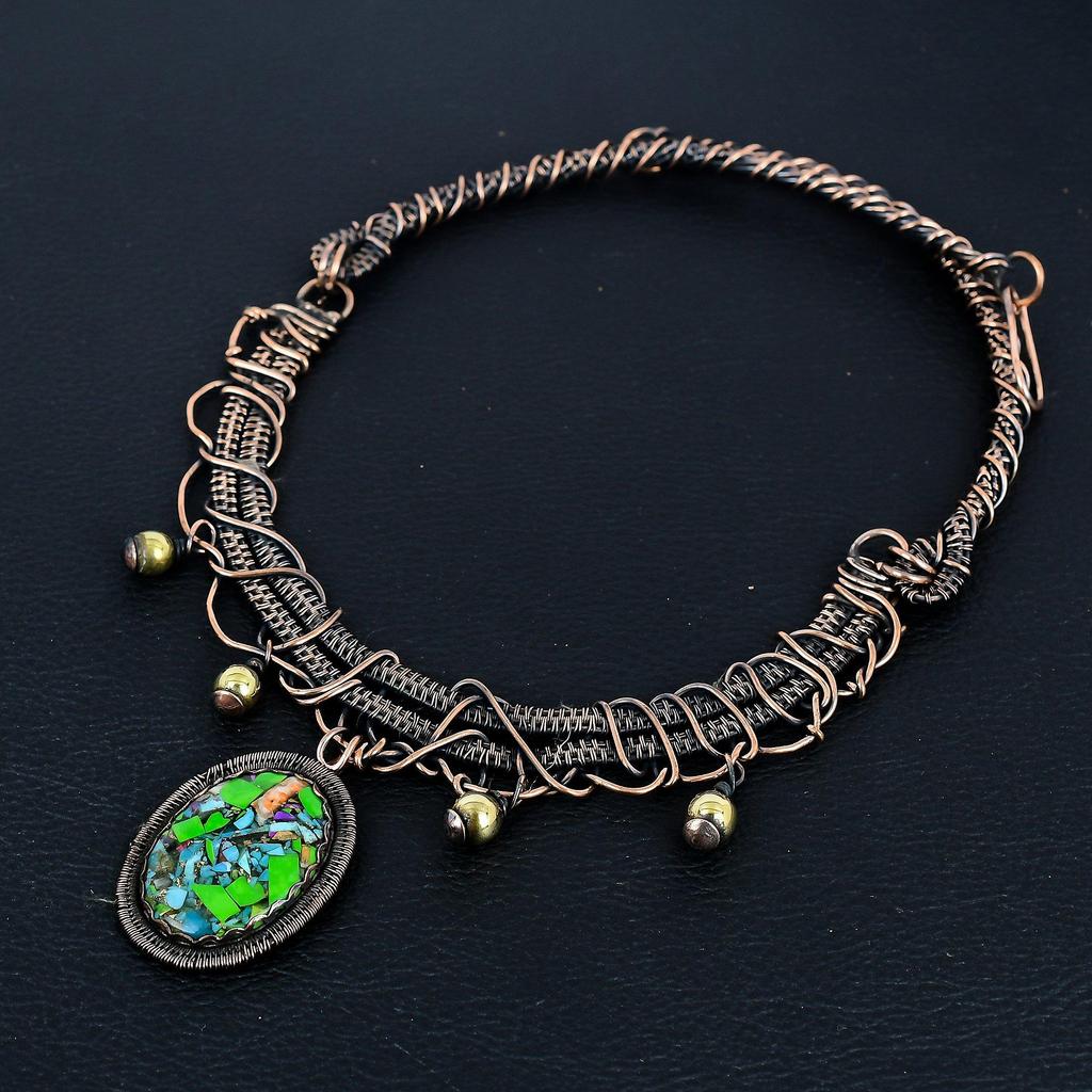 Fiesta Kingman Turquoise Necklace, 999 Copper Wire Wrapped Necklace Jewelry, Adjustable Chain Gemstone Handmade Jewelry Necklace, Gift For Friend