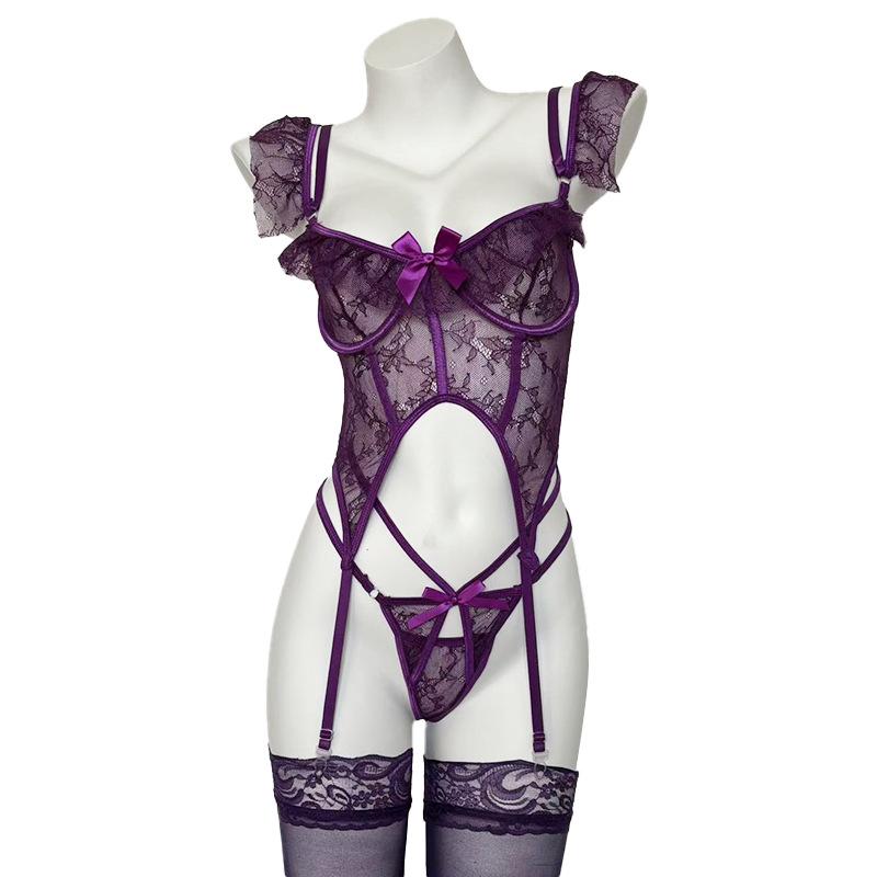 Drunk and charming, purple underwear hollowed out halter bra, perspective sexy lace suit onesie