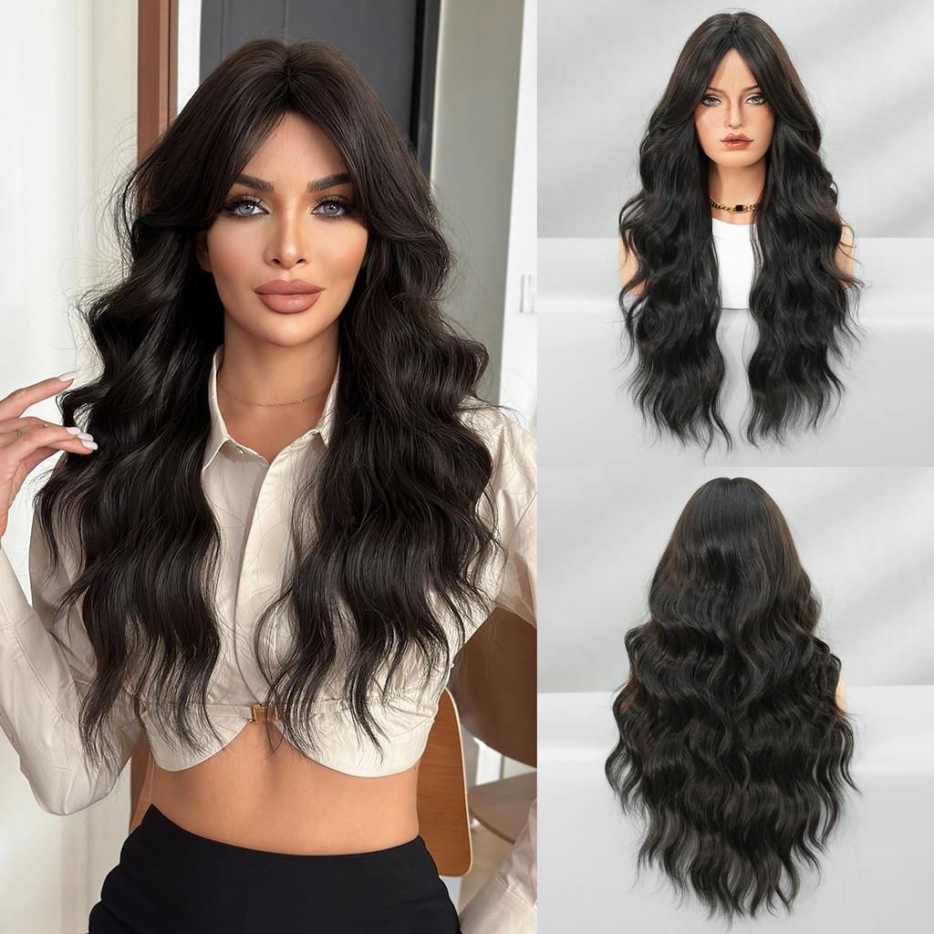 Black Curly Wig for Women - Curtain Bangs Daily Full Cap, Quick Beauty High Quality, Synthetic Heat Resistant Fiber Voluminous