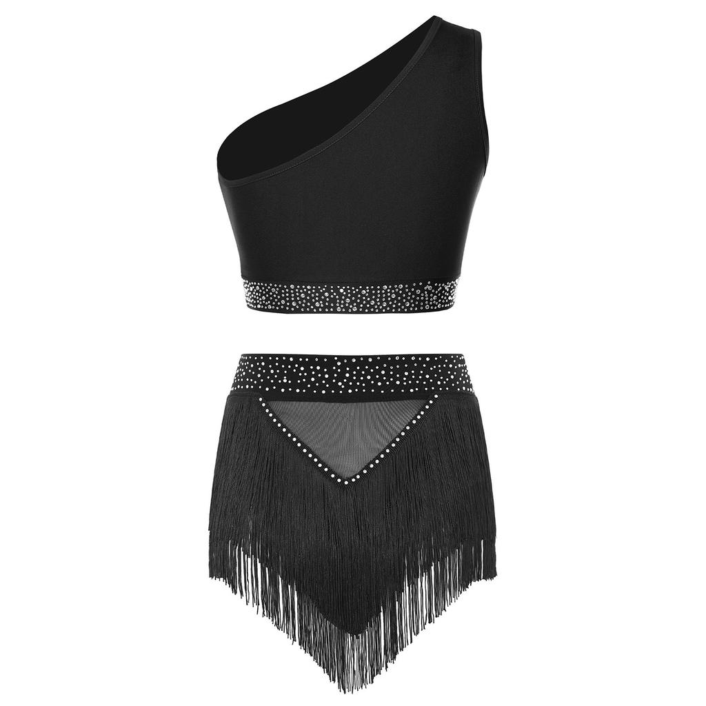 Completo Modern Dance da Donna con Strass Monospalla Top Corto Arricciato Pantaloncini con Frange Costume da Pattinaggio