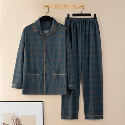 2Pcs/Set Men Pajamas Set Plaid Print Lapel Long Sleeve Single Breasted Shirt Elastic Waist Long Pants Set Loose Fit Loungewear S