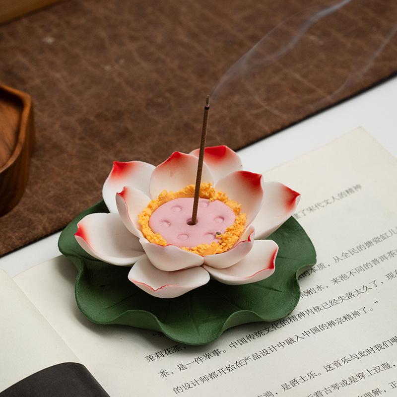 Ceramic Handicraft Handmade Lotus Aroma Holder Censer Artificial Flower Water Lily Decorative Figurines Home Decoration