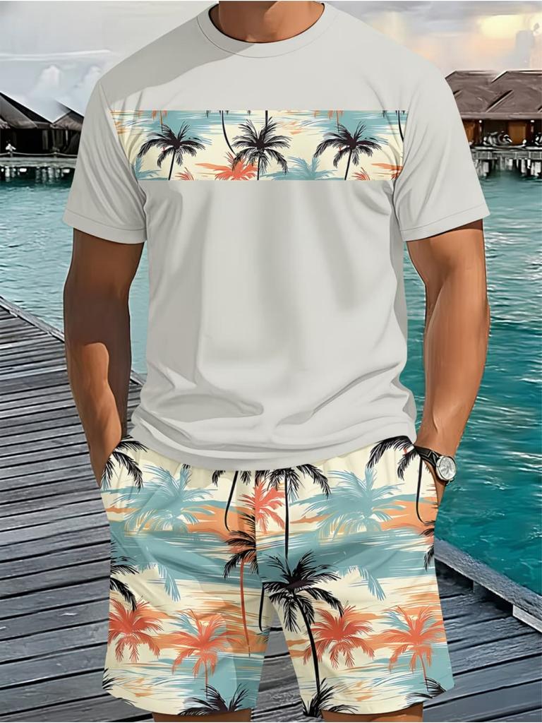 Men's 2 Piece Set Hawaiian Palm Tree Print Men's T-Shirt Shorts Set Casual Men's Short Sleeve Top Outdoor Beach Men's Short