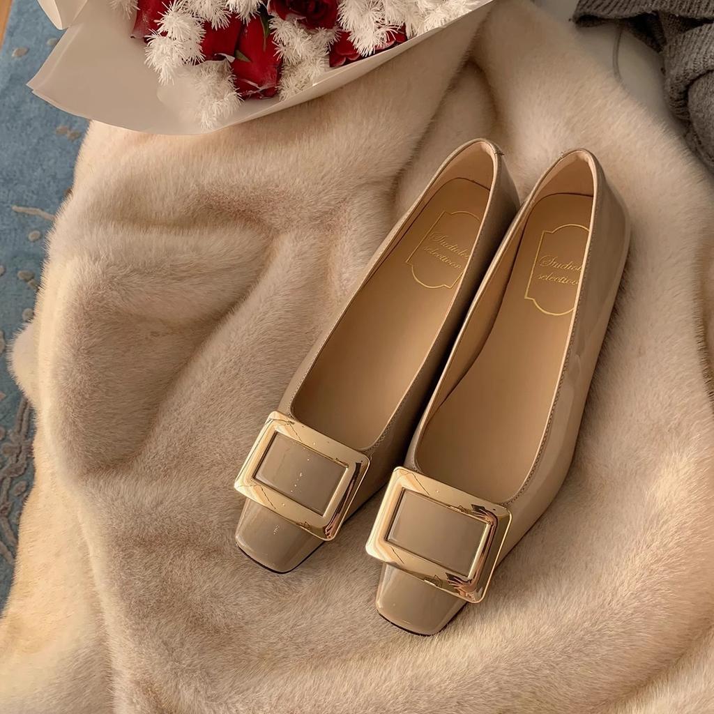 Cowhide Version~ Classic, Elegant, Light Mouth Temperament, Square Head, Thin and Versatile, Thick Heel, Square Buckle, Single Shoes for Women