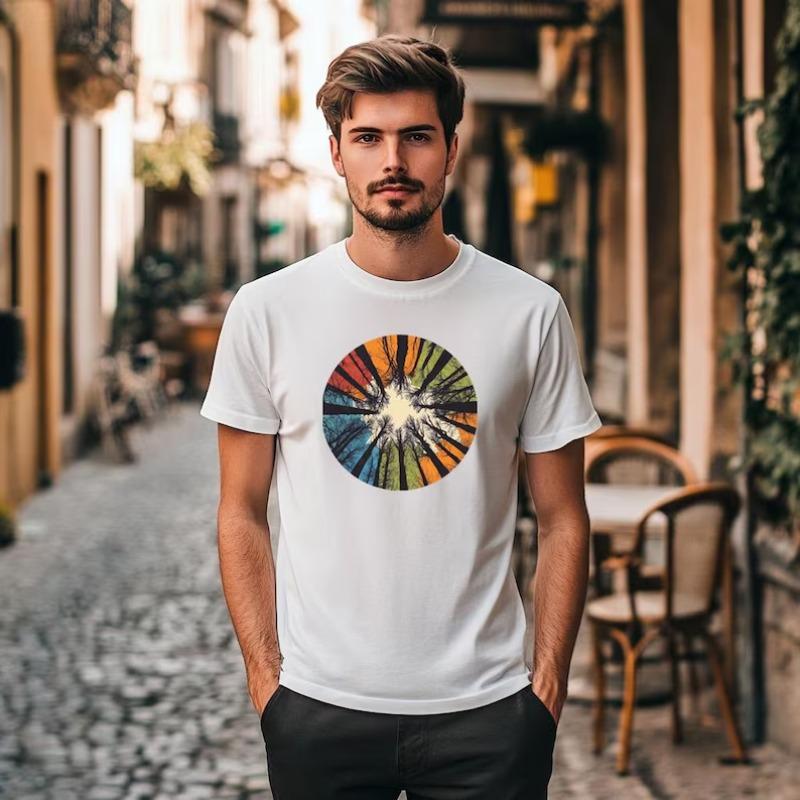 Kaleidoscope Sky Black TShirt Vibrant Radiant Color Circle Print Artistic Nature Forest Light Design Unique Casual Tee 4XL