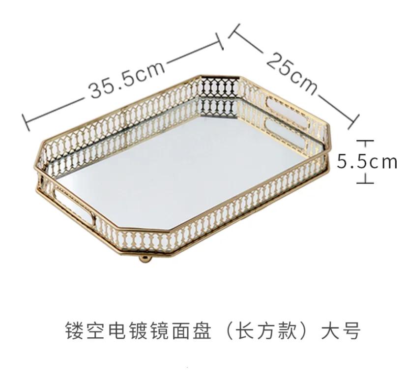 Rectangular Glass Mirror Tray European-style Simple Metal Coffee Table Tray Round Hollow Gold Rim Decorative Plate Ornaments
