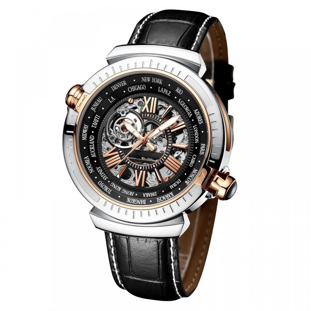 

TIME100 Мужские часы Водонепроницаемые Механические Скелетон Турбийон Мировое Время Классные Аналоговые Крупный Шрифт Стильный Желтый