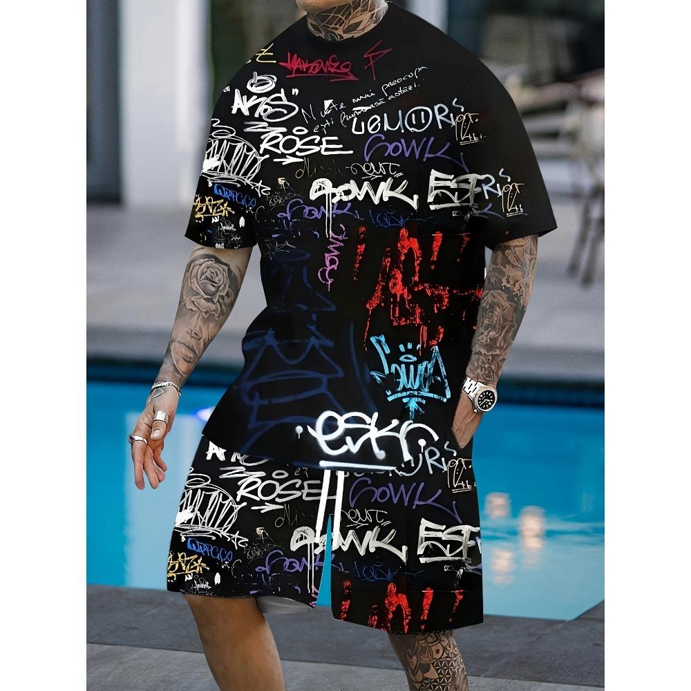 Pánský letní pohodlný módní dvoudílný set Plážová dovolená Volný sportovní styl Krátký rukáv Volný Oversized Prodyšný Sportovní oblečení