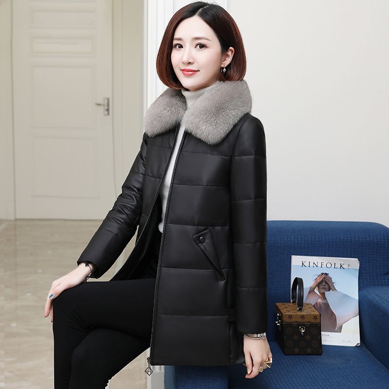 Haining leather jacket women's 2024 winter new imitation fox fur collar leather jacket down cotton-padded jacket women's medium and long fur jacket