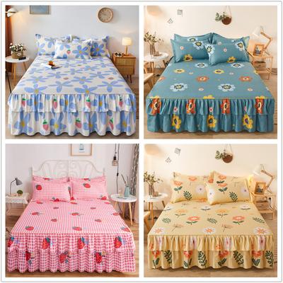 Saia de cama de renda dupla colcha de cama queen planta impressa capa de cama único/queen/king size saia de lençol(Fronha precisa de encomenda)