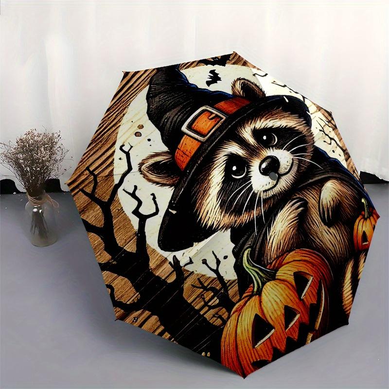 Halloween Raccoon with Pumpkins Wooden Wall SignDecorationUmbrella, Portable 3-Fold Compact Umbrella for Men & Women Gift