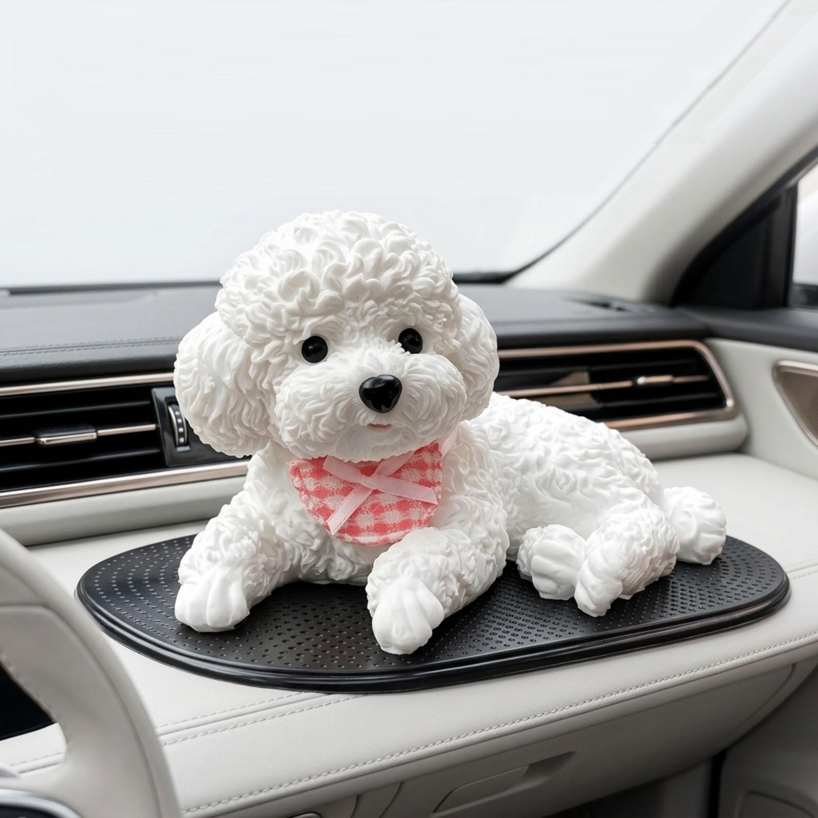 Süßes Silikon-Teddy-Hündchen-Armaturenbrett-Ornament, Realistische Weiße Hundefigur mit Anti-Rutsch-Matte, Hitzebeständige Auto-Innenraum-Dekoration, Stressabbau-Geschenk weiß