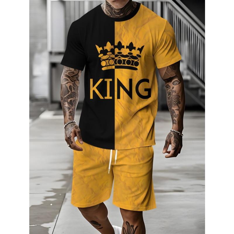 2026 New Summer Men's Casual Loose-Fit Set Two-Piece Set with Oversized Letter Print Round-Neck Short-Sleeve Top and Shorts