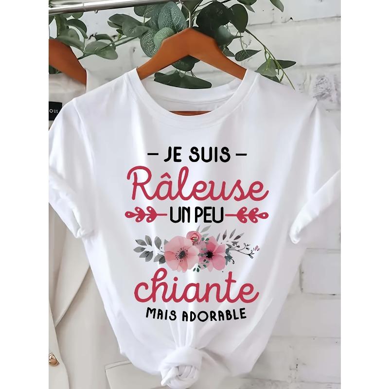 Adorable Aisles Women Casual Short Sleeve Round Neck T-Shirt French Quote Floral Design Black Casual Ladies Top