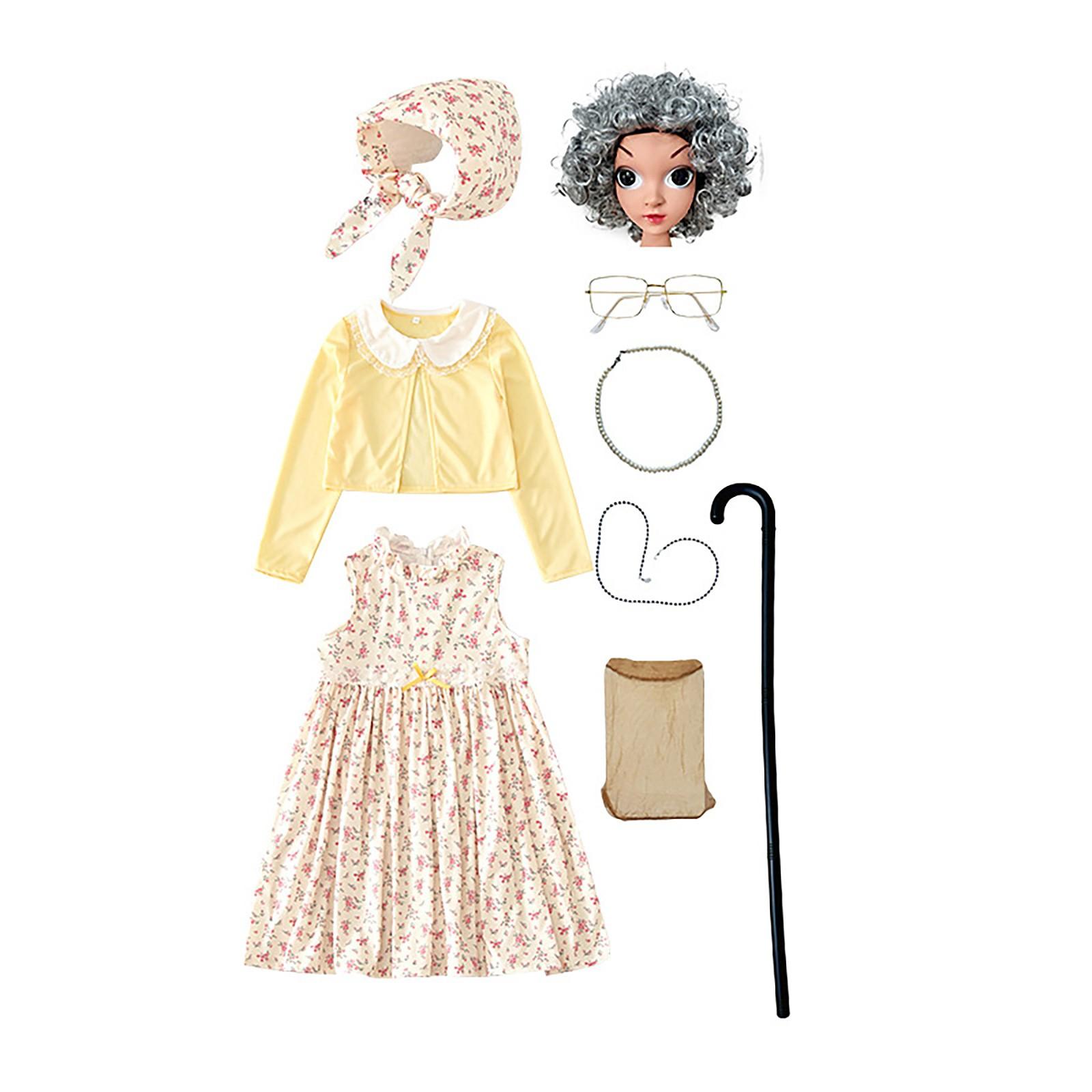 

100 Days of School Cosplay Set for Girls, Old Lady Dress Up для дітей, 100th Day School Granny Wig Accessories Outfit 140 жовтий