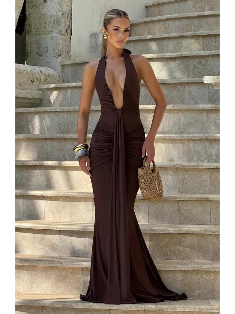 2026 Deep V-Neck Evening Gown Dress - Women's Sexy Solid Color Fashion