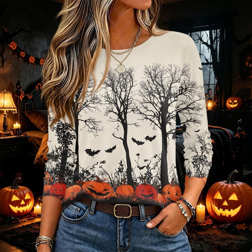 Damen Halloween Print Pullover Top mit langen Ärmeln und Rundhalsausschnitt