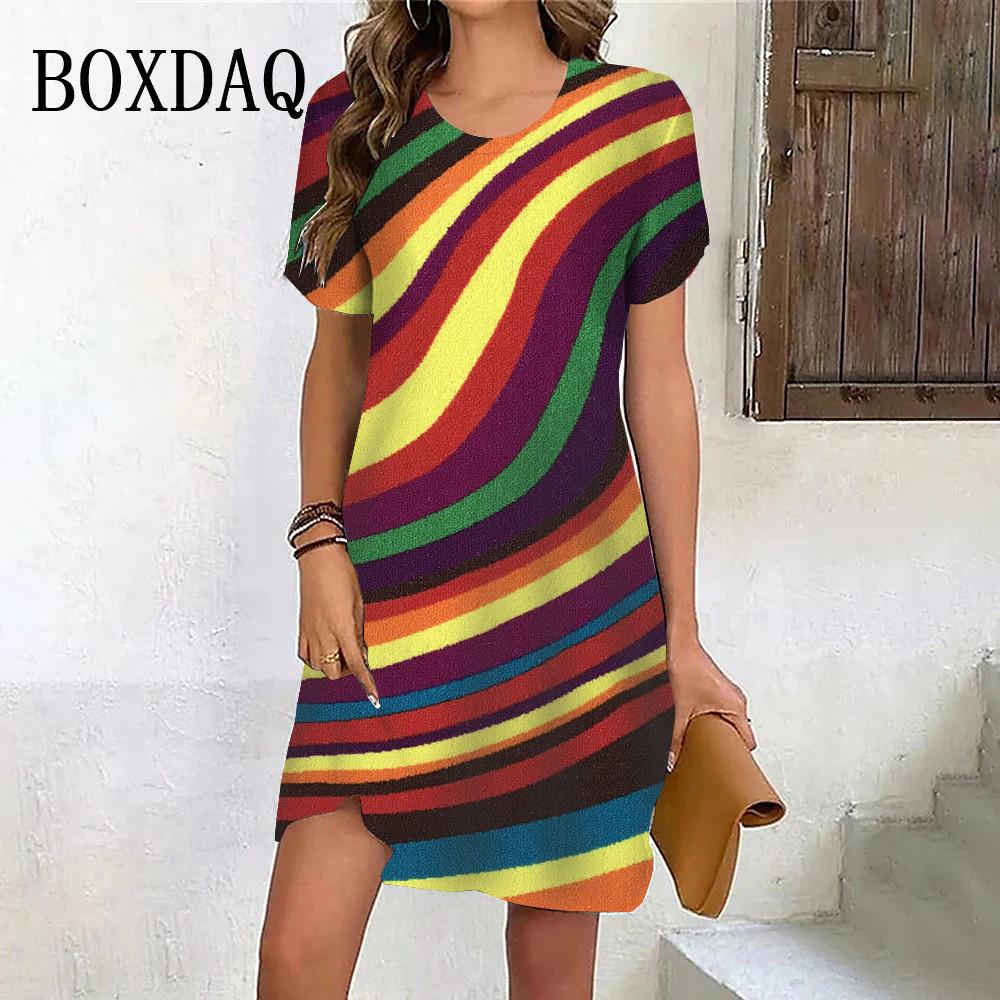 New Summer Fashion Gradient Rainbow Stripe Short Sleeve Dresses For Women Casual O-Neck Print Loose Party Clothes