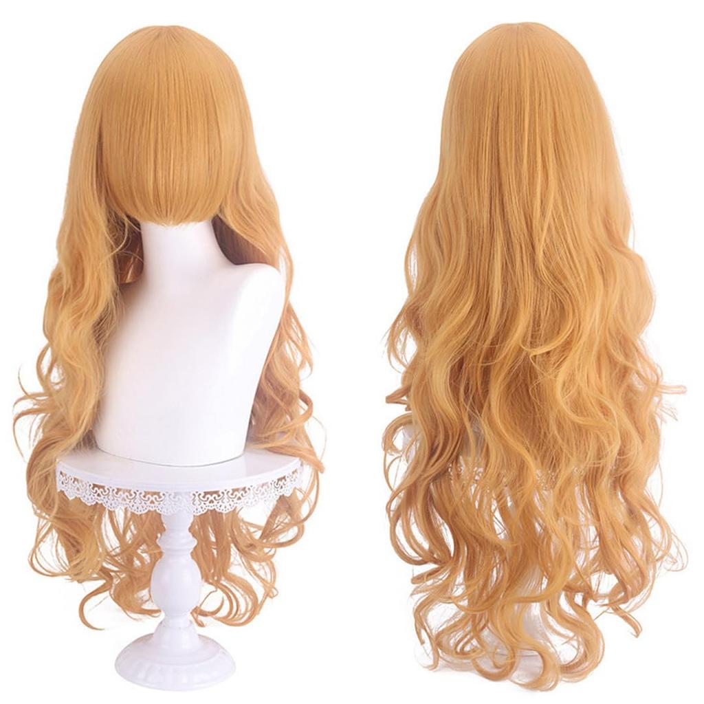 Cosplay Light Orange Wig, Long, Curly, Wavy, Heat-Resistant, Versatile, Side-Slanted Bangs, Fluffy, Costume, Event, Wig Net Included