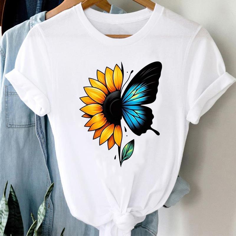 (Asian Size) Printed Clothing Top Fashion feather flower 90s Short Sleeve T-shirts Women Graphic Tee Lady Female Casual T Shirt Tees