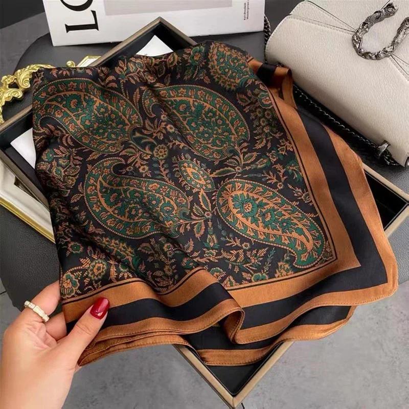 Luxury Women Square Scarf Silk Stain Paisley Muslim Women Hijab Green Bandana Soft Head Wrap Female Foulard  Hijabs