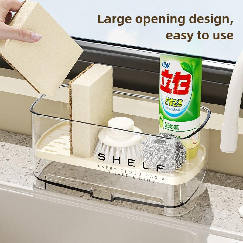 Multi-Functional Sink Rack with Drainage Shelf and Dish Towel Holder Countertop Storage for Sponges Soap Brushes Organization